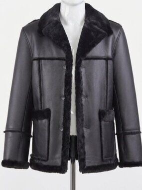 Wolfie Men's Black Ashbury Retro Calfskin Leather Shearling Coat Jacket Size 38